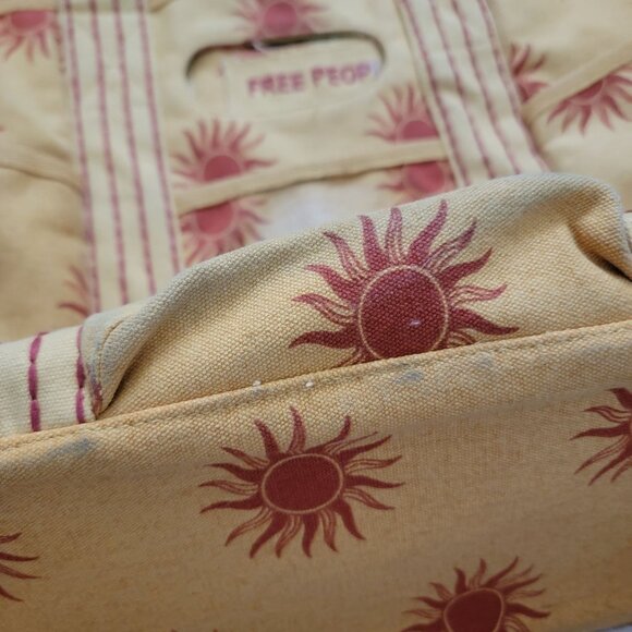 Free People Caravan Canvas Tote Sun Print Yellow Red Large Bag Boho Summer - Picture 5 of 9